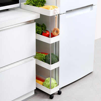 Kitchen Side Gap Storage Rack for organizing utensils, spices, and cleaning supplies in narrow spaces, maximizing kitchen storage with a compact and practical design