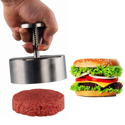 Stainless steel patties mold and burger meat press for perfectly shaped burgers. Durable and easy to use, this kitchen tool helps create uniform patties for grilling or cooking