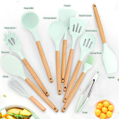 11-piece silicone kitchen cooking utensil set, non-stick and heat-resistant. Includes spatulas, spoons, and tongs, perfect for cooking and baking without damaging cookware surfaces